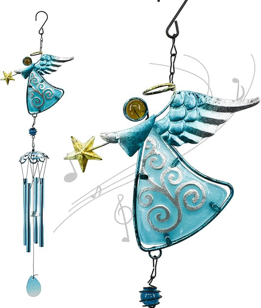 MrMrKura Angel Wind Chimes, 31.5” Angel Metal Wind Chimes for Outside with Metal Tubes & S Hook for Home Garden Decoration Christmas Decoration Hanging Ornament Wind Bell Gifts for Mom (Blue)