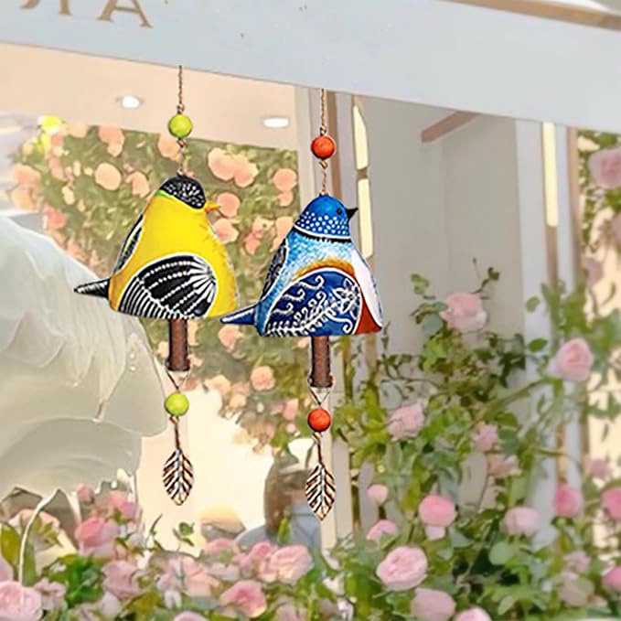 Wind Chimes for Outside – Handcrafted Small Wind Chime with Metal Leaf & Colorful Beads, Weather-Resistant Outdoor Hanging Decor for Garden, Patio, or Balcony (Single Bird-Yolk)