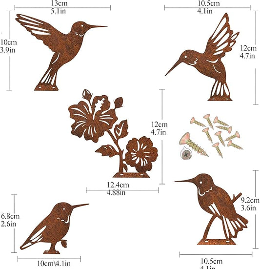 5PCS Rusty Hummingbird Decorations, Outdoor Bird Wall Decor, Metal Birds Yard Decor, Metal Birds Craft Statue Ornaments - Garden Sculptures and Yard Art, Fence Decorations for Outdoor Use