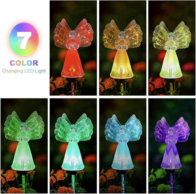 Outdoor Solar Garden Lights,2 Pack Solar Angel Decorative Lights, IP67 Waterproof Color Changing LED Solar Outdoor Lights,Solar Stake Lights for Cemetery Grave Garden Patio Yard Lawn Decoration
