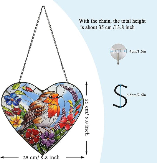 Heart-Shaped Robin Bird Stained Glass Window Hanging, 9.8'' Colorful Flower Sun Catcher Glass Panel Decor with Chain, Handcrafted Sun Catcher Gifts for Mom Wife Birds Lovers (Bird & Flower)