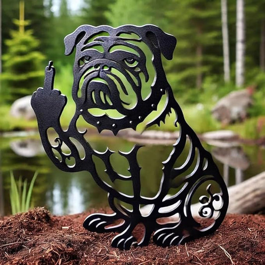 Funny Bulldog Metal Garden Decor Middle Finger Bulldog Dog, Large Garden Stakes Decorative Dogs Silhouette Statues for Yard Lawn Pathway Patio Ornaments (M 15"×20")