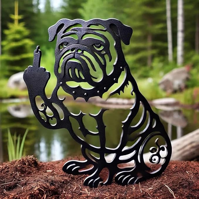 Funny Bulldog Metal Garden Decor Middle Finger Bulldog Dog, Large Garden Stakes Decorative Dogs Silhouette Statues for Yard Lawn Pathway Patio Ornaments (S 10"×15")