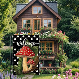 Welcome Spring Summer Garden Flag Polka Dots mushrooms Garen Flags 12x18 inch Double Sided Vertical Burlap Outdoor Lawn Patio Rustic Farmhouse Decor