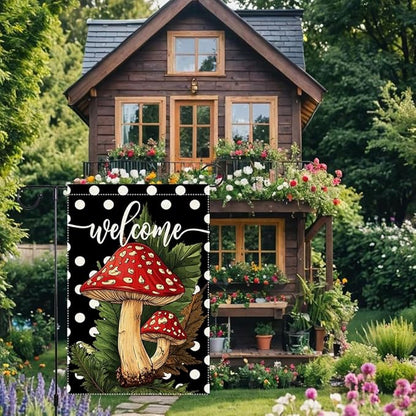 Welcome Spring Summer Garden Flag Polka Dots mushrooms Garen Flags 12x18 inch Double Sided Vertical Burlap Outdoor Lawn Patio Rustic Farmhouse Decor
