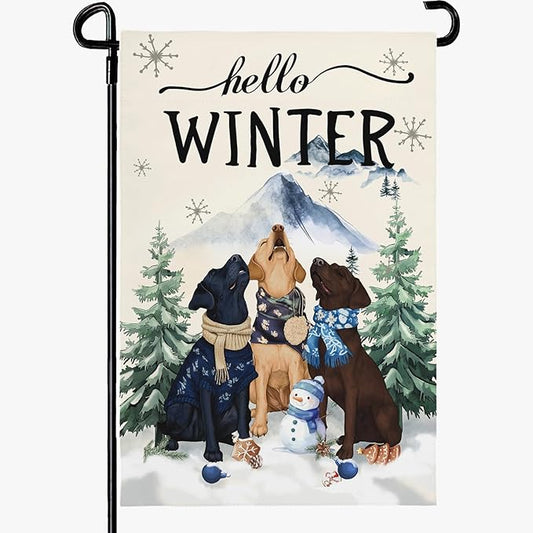 Hello Winter Garden Flag Double Sided Dog Retriever Retrievers Snowflake Burlap Yard Flag Rustic Farmhouse UV Fade Resistant Snow Man Small Garden Flags Front Porch Lawn Outdoor 12x18 Inch