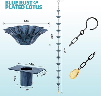 Rifachua 8.5ft 12 Cups Blue Plated Lotus Rain Chain for Gutters Downspouts Outside with Rain Chain Anchor Anchoring Stake Base Copper