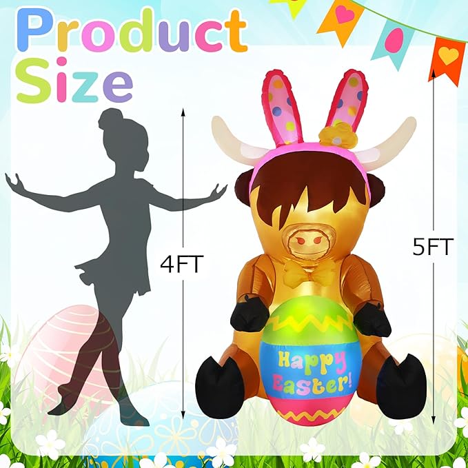 5ft Easter Inflatables Outdoor Decoration Blow up Highland Cow Yard Decor with Built in Light Inflatable Bunny Ears with Egg Weatherproof for Outdoor Holiday Party Yard Garden Lawn