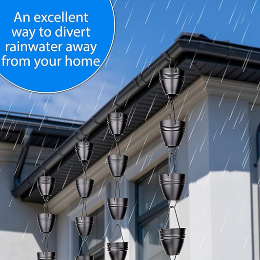 RainChains Pacific Twin Stripe Rain Chain 8.5ft Black Aluminum Rain Chains for Outside Decorative Gutter Chain Downspout.