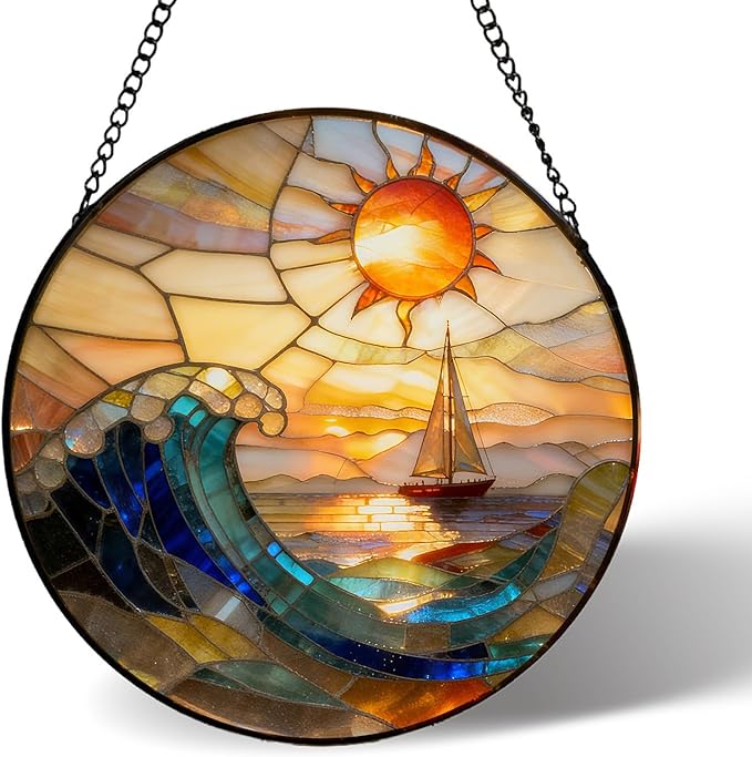 7.8 Inch Stained Glass Window Hanging, Sailboat & Sunset Waves Suncatcher, Blue and Orange Sky Diamond Glass Panel Landscape Decor for Women, Men, Wife, Aunt, and Mom