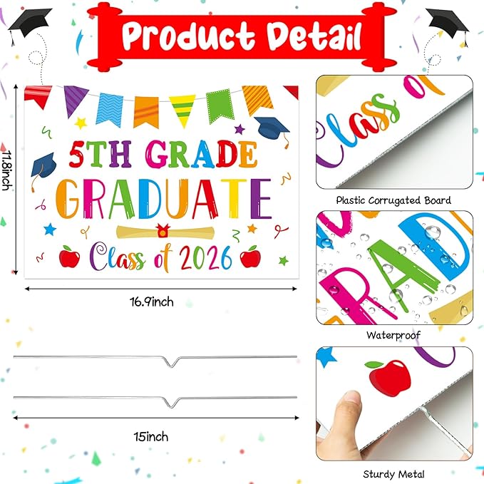 5th Grade Grad Yard Sign - White Class of 2026 Fifth Grade Graduate Lawn Sign with Stake School Congrats Graduation Decor Colorful Waterproof Graduation Party Favor for Outdoor Garden Photo Booth Prop