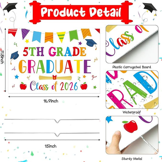5th Grade Grad Yard Sign - White Class of 2026 Fifth Grade Graduate Lawn Sign with Stake School Congrats Graduation Decor Colorful Waterproof Graduation Party Favor for Outdoor Garden Photo Booth Prop