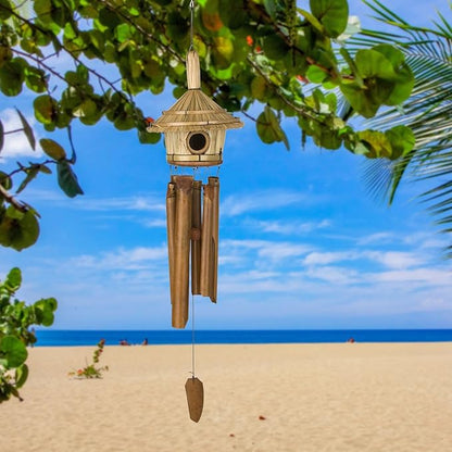 Woodstock Chimes Asli Arts Collection, Thatched Roof Birdhouse Bamboo Chime, 32'' Bamboo Wind Chimes for Outdoor, Patio, Home or Garden Décor (C707)