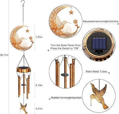 Solar Moon Hummingbird Wind Chimes, Hummingbird Gifts for Mom Women Men Birthday Mothers Day, Hanging Outdoor Decor Cracked Glass Ball Memorial Wind Chimes, Garden Patio Porch Decor
