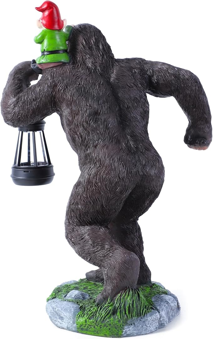 16 Inch Solar Bigfoot Garden Statue with Gnome & Lantern, Large Resin Sasquatch Yard Outdoor Decor, Funny Bigfoot Gifts for Husband, Dad & Grandpa (Large)