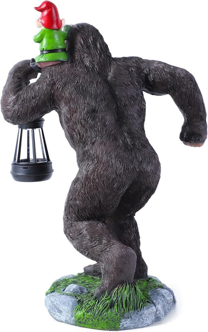 16 Inch Solar Bigfoot Garden Statue with Gnome & Lantern, Large Resin Sasquatch Yard Outdoor Decor, Funny Bigfoot Gifts for Husband, Dad & Grandpa (Large)