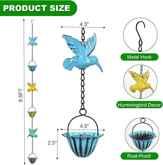 8.5ft Rain Chains for Outside,Colorful Hummingbird Rain Chain for Gutters and Downspouts, Rain Catcher Chain for Garden Yard Decor