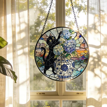 Chinoiserie Hydrangea Black Cat Stained Glass Window Hanging, Funny Cat Flower Suncatcher Indoor Window Glass Round Wall Art Decor, 7.9x7.9 Inch