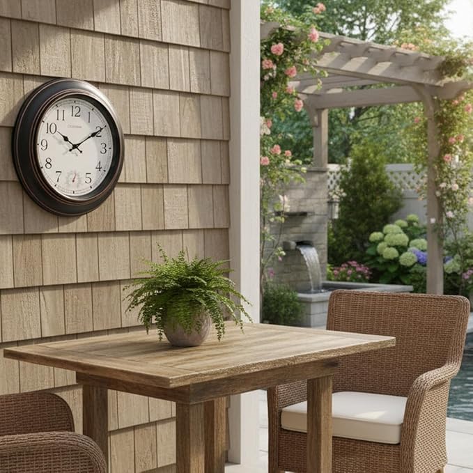 Crosstime Large Outdoor Clock Waterproof 18" - Retro Indoor Outdoor Wall Clocks with Thermometer for Patio Pool Garden Living Room Decor,Bronze
