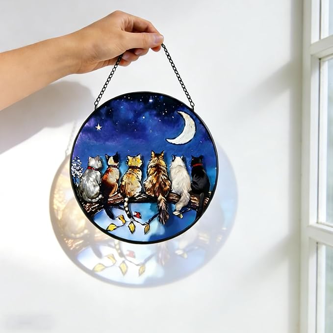 7.8 in Stained Glass Window Hanging, 6 Cats and Moon Suncatcher for Home Decor, Handmade Decorative Ornament Boho Wall Art Ideal Gift for Mom Grandma Cat Lovers Housewarming