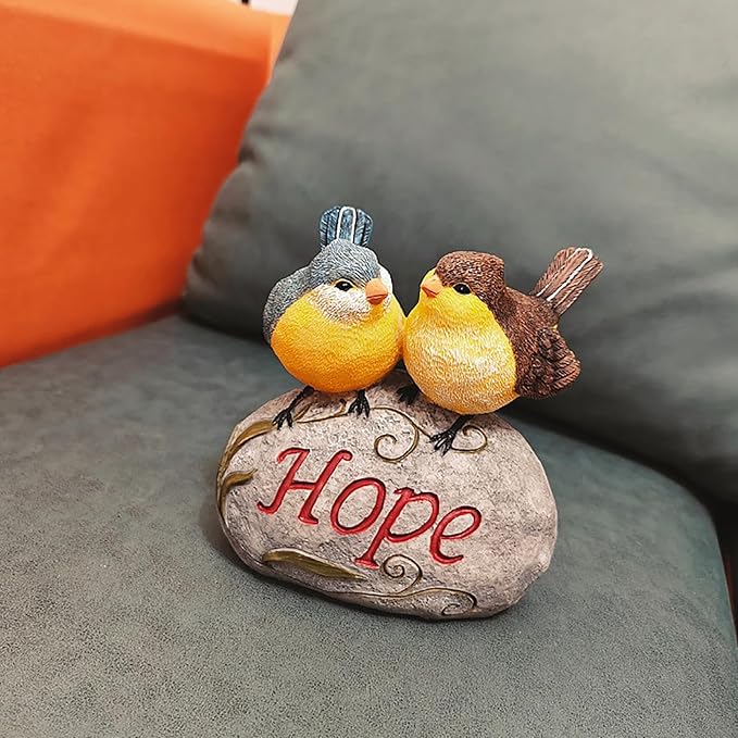 Bird Garden Statue, 6.31 Inch Lifelike Standing Bird with Hope Characters Stone, Small Resins Figurine for Home Table Outdoor Lawn Porch Patio Balcony Yard Decor (A)
