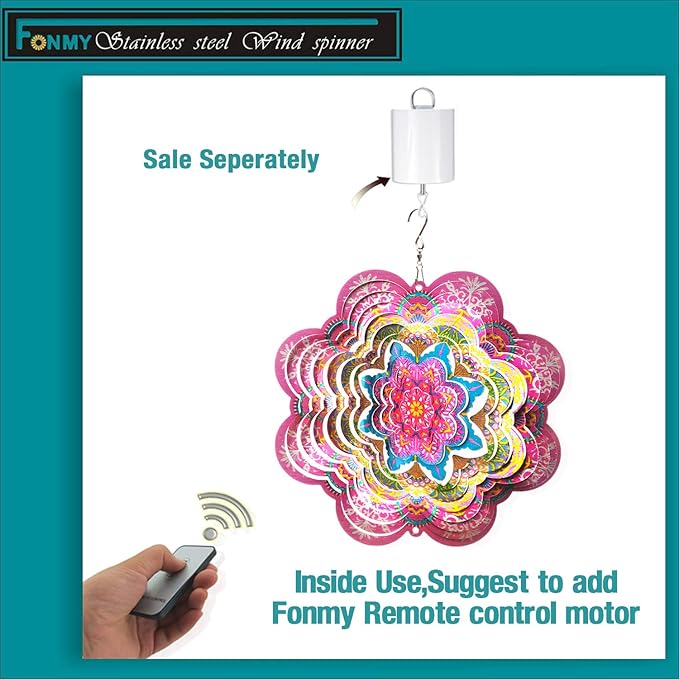 FONMY Wind Spinner 3D Stainless Steel by Laser Cut Indoor/Outdoor Garden Decoration Crafts Ornaments Kinetic Yard Art Decorations 6 inches Pink Flower Mandala Wind Spinners