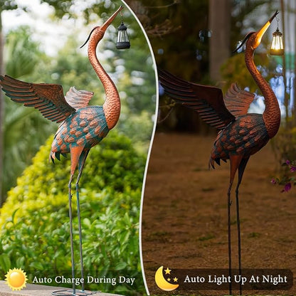 48'' Heron Garden Statue, Large Crane Outdoor Statue with Solar Lantern, Crane Bird Metal Yard Art for Outside Backyard, Pond, Porch Decor