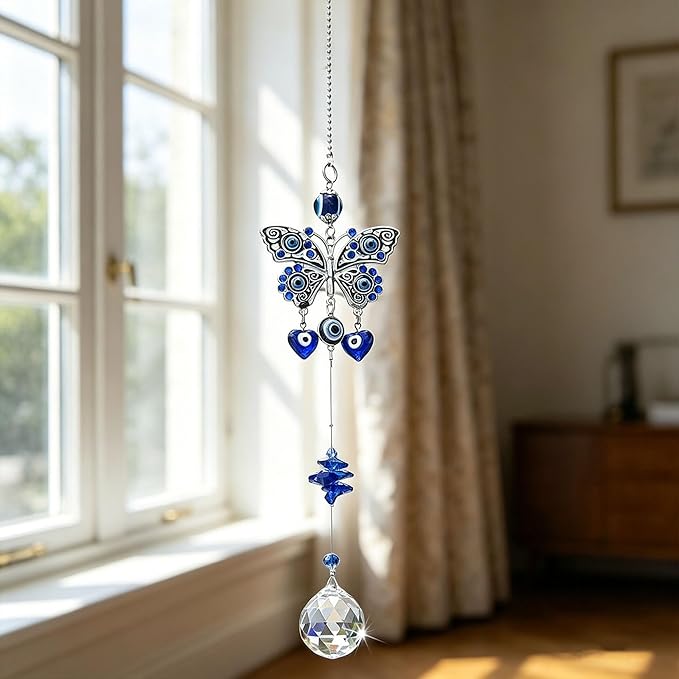 Turkish Blue Evil Eye Butterfly Wall Hanging with Crystal Suncatcher Ornament for Home Decor Protection Good Luck Blessing Housewarming Birthday Gift