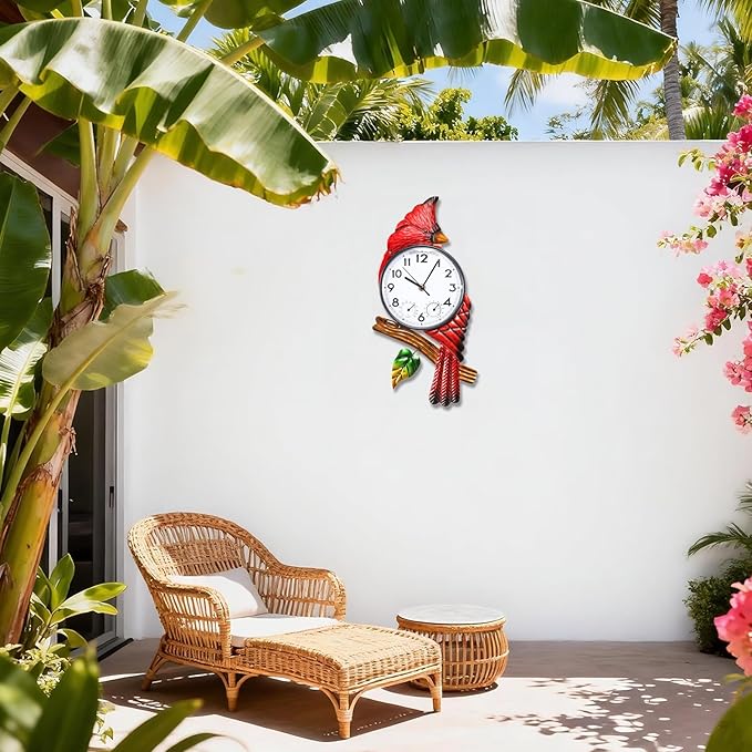 MUMTOP Cardinal Outdoor Clock Waterproof, 15.35 Inch Outside Wall Clock with Thermometer Combo for Patio Pool Garden Home Decor