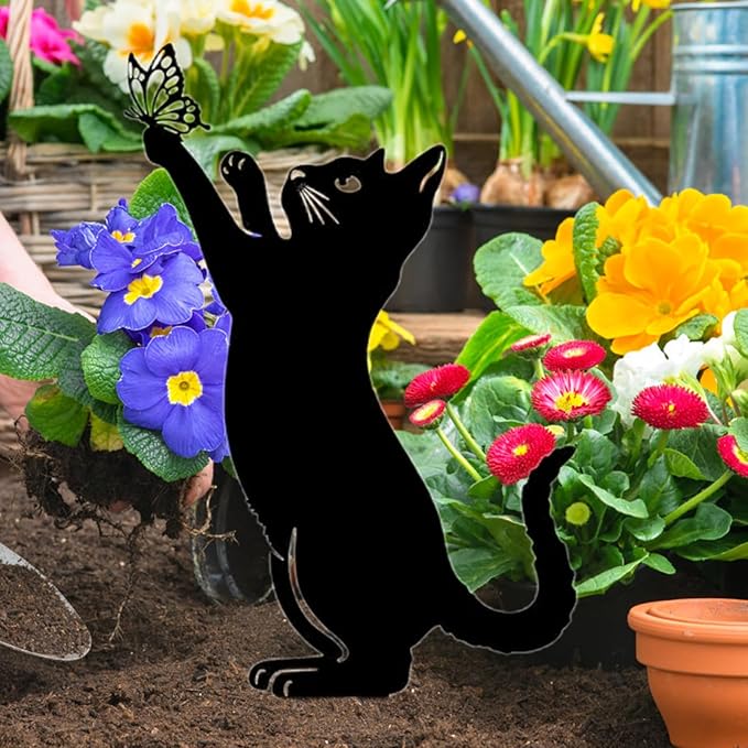 Yard Ornaments, Garden Outdoor Statues Animal Stakes, Metal Black Cat Stake Garden Garden Statue, Garden Stakes Decorative for Yard Decor and Lawn Ornaments (C)