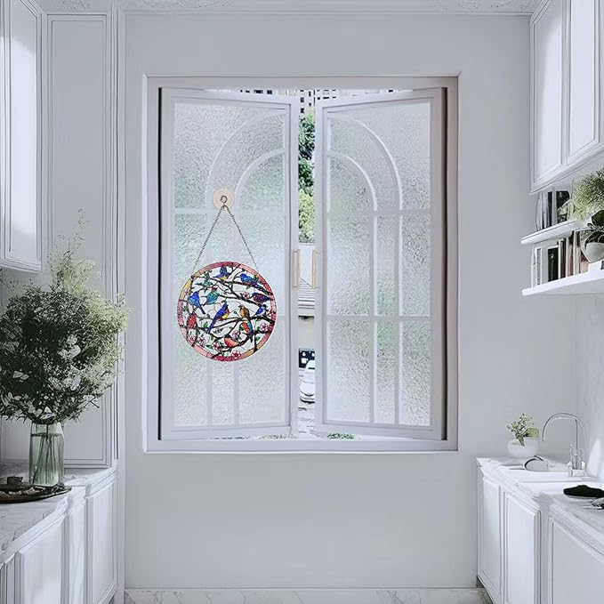Birds and Flowers Hanging Stained Glass for Windows, Hand-Painted Sun Catcher Garden Hangings Christmas Mother's Day, Valentine's Day Ornaments Festival Gift (Large)