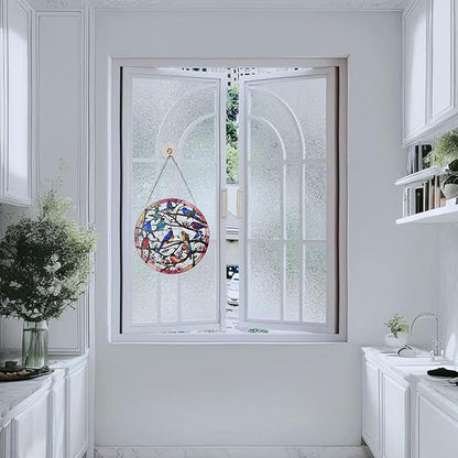 Birds and Flowers Hanging Stained Glass for Windows, Hand-Painted Sun Catcher Garden Hangings Christmas Mother's Day, Valentine's Day Ornaments Festival Gift (Large)