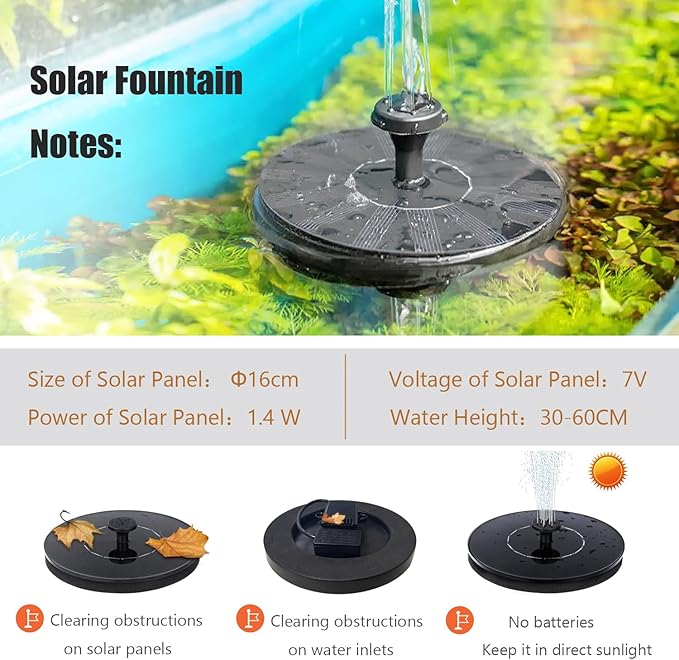 Solar Bird Bath Fountain Pump, Upgrade 1.4W Solar Fountain with 6 Nozzle, Free Standing Floating Solar Powered Water Fountain Pump for Bird Bath, Garden, Pond, Pool, Outdoor