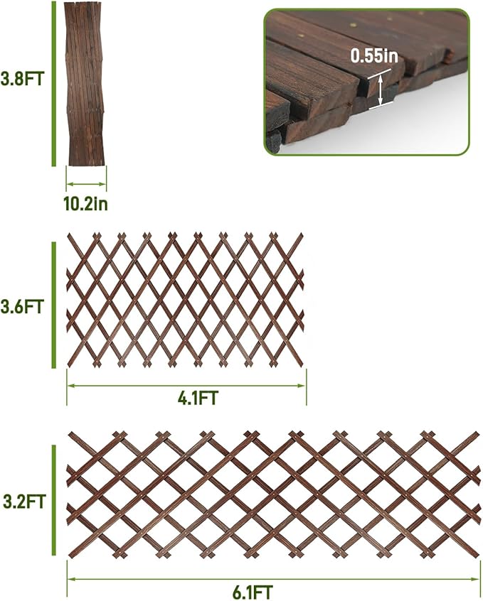 2 Pack Expandable Wooden Lattice Fence Panel, 3.2 x 6.1 Ft Large Wood Garden Trellis for Climbing Plants, Outdoor Privacy Fence Wall for Ivy Rose Vine, Patio Yard Balcony Decor