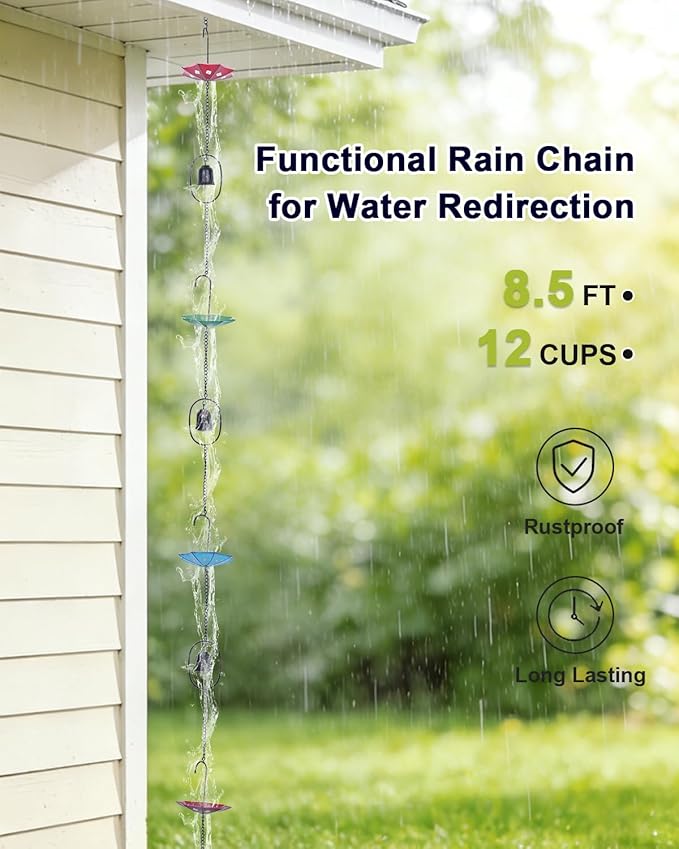 hogardeck 8.5FT Rain Chain for Gutters Outside - 6 Umbrellas and 6 Bells Decorative Metal Rain Catcher with Adapter, Stake for Downspout Replacement, Garden Drainage, Eaves