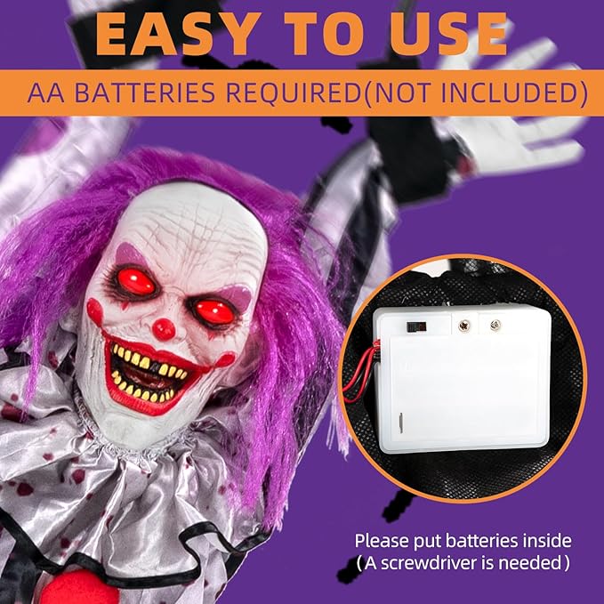 Kendane Halloween Decorations Outdoor and Indoor,Scary Halloween Animatronics Clown,Hanging Clown with Light-Up Eyes and Creepy Sound,Party Decorations for Yard Lawn,Haunted House Decor