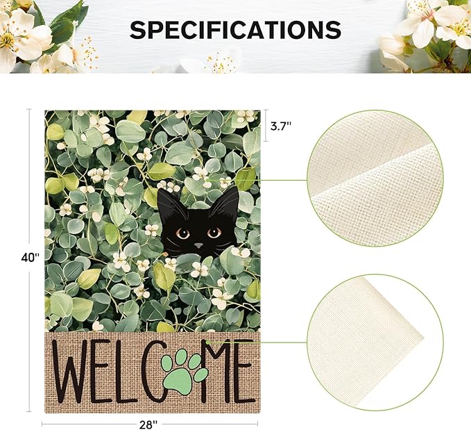 AVOIN colorlife Spring Summer Floral House Flag 28x40 Inch Double Sided Outside, Eucalyptus Black Cat Welcome Seasonal Yard Outdoor Flag
