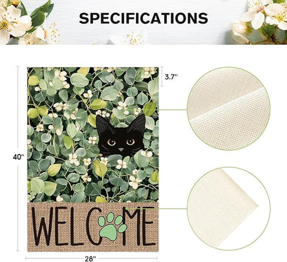 AVOIN colorlife Spring Summer Floral House Flag 28x40 Inch Double Sided Outside, Eucalyptus Black Cat Welcome Seasonal Yard Outdoor Flag