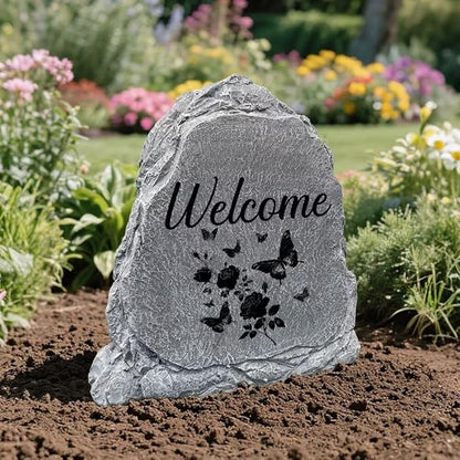 Garden Stone Sculpture with Roses and Butterflies, Solar Resin Outdoor Sculpture, Suitable As A Grave Decoration for Gardens, Lawns, Cemeteries, Memorial Gifts, Home Decoration