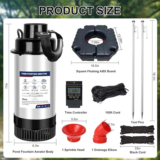 Pond Fountain Aerator 1 HP, 750 W 15,000 GPM 110V/120V Includes 100-foot Power Cord Pond Aerator Multi-Function Timer Ond Fountain Suitable for Ponds and Lakes