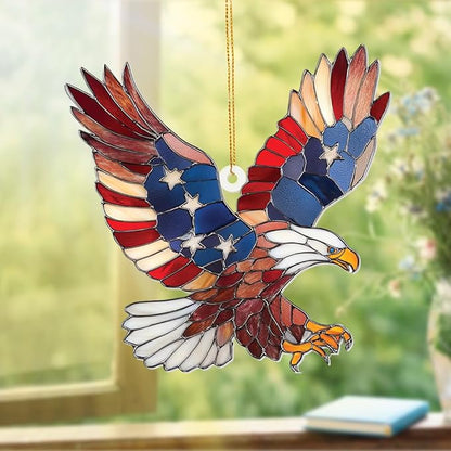 Bald Eagle Patriotic Ornament – Stained Glass American Flag Suncatcher, Acrylic Hanging Decor, USA Pride Home Office Gift, Veterans Independence Day & 4th of July Christmas Tree Ornament (Sun-11)