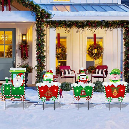 Christmas Yard Stakes Light Up Christmas Yard Decorations with LED Santa Claus Snowman Penguin Clown in Train Lighted Metal Garden Stakes Outdoor Xmas Stake Lawn Pathway Outdoor Decoration
