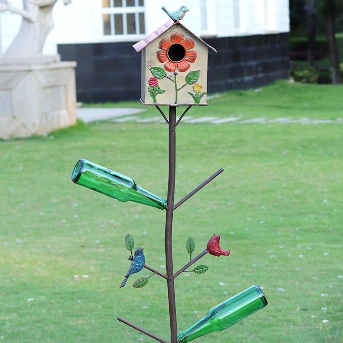 Multifunctional Metal Bird House Glass Bottle Tree Stake for Outdoor Colorful Garden Decorative Bottle Holder & Outdoor