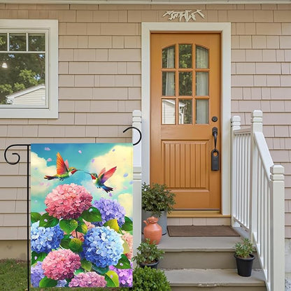 Spring Hummingbird Hydrangea Garden Flag Summer Floral Bird Outdoor Yard Flags Double Sided Flower House Banner Colorful Bloom Patio Lawn Porch Yard Seasonal Nature Home Decor 12x18 Inch