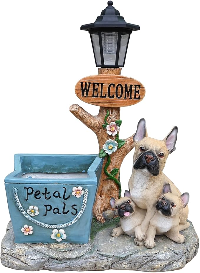 Solar Garden Statue with Planter & Solar Lantern, Outdoor Resin Animal Sculpture, Waterproof Yard Lawn Decor Pot for Succulents, Front Porch Ornament Housewarming Gift (French Bulldog)