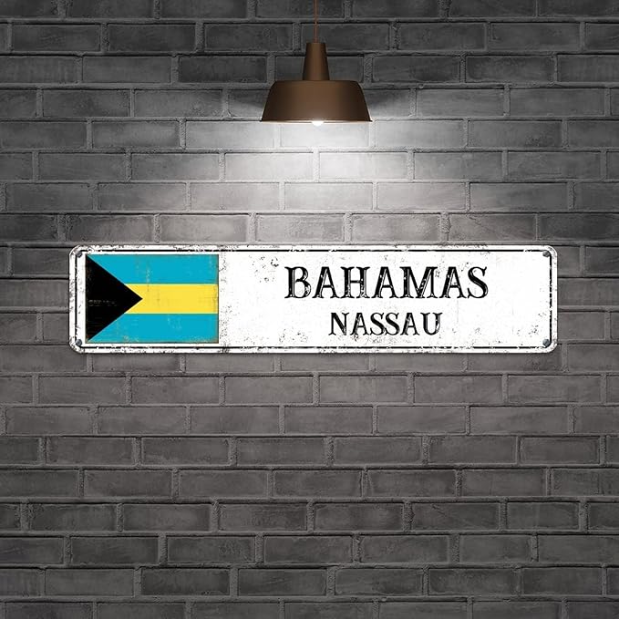 Bahamas Street Sign Custom Bahamas Flag Signs Capital City of Bahamas Metal Sign Road Wall Art Farmhouse Decorative Sign Rustic Home Decoration Gift for Foreign Friend, Neighbor 18x4inch