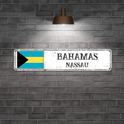 Bahamas Street Sign Custom Bahamas Flag Signs Capital City of Bahamas Metal Sign Road Wall Art Farmhouse Decorative Sign Rustic Home Decoration Gift for Foreign Friend, Neighbor 18x4inch