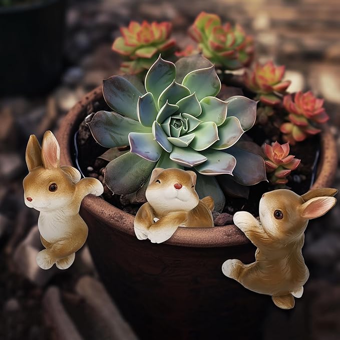Set of 3 Cute Bunny Figurines Hanging Animal Statue, Climbing Statue and Vase Miniature Fairy Garden Terrarium Decor, Art Patio Lawn Yard Outdoor Fence Rabbit Hanger Animal Ornament