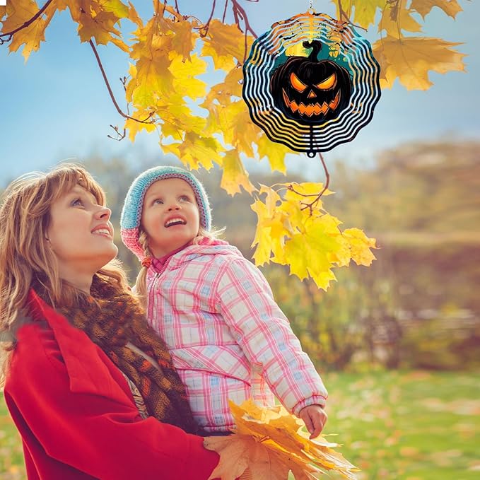 Halloween Pumpkin Wind Spinner Outdoor Decorations, 12in Large Metal 3D Kinetic Wind Sculptures Hanging for Halloween Yard Garden Decor