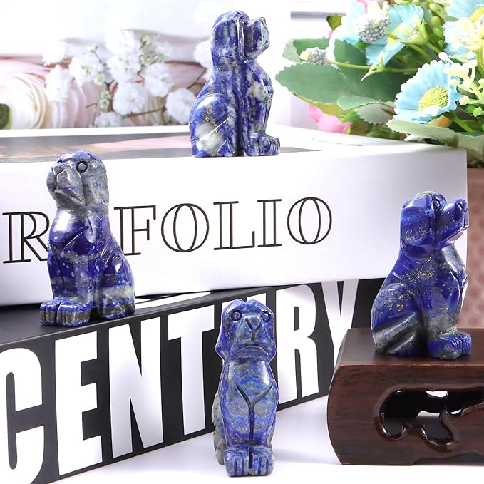 SMQ 2" Crystal Dog Figurine,Polished Mini Carved Lapis Lazuli Puppy Pet Animal Carvings Collecitble for Home Decor Gifts